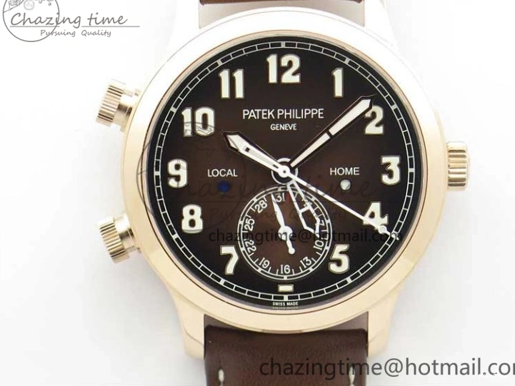 MIROTIME 0510 ZipUp Calatrava 5524R Pilot Travel Time RG GRF Brown Dial on Brown Leather Strap A324 V 7110